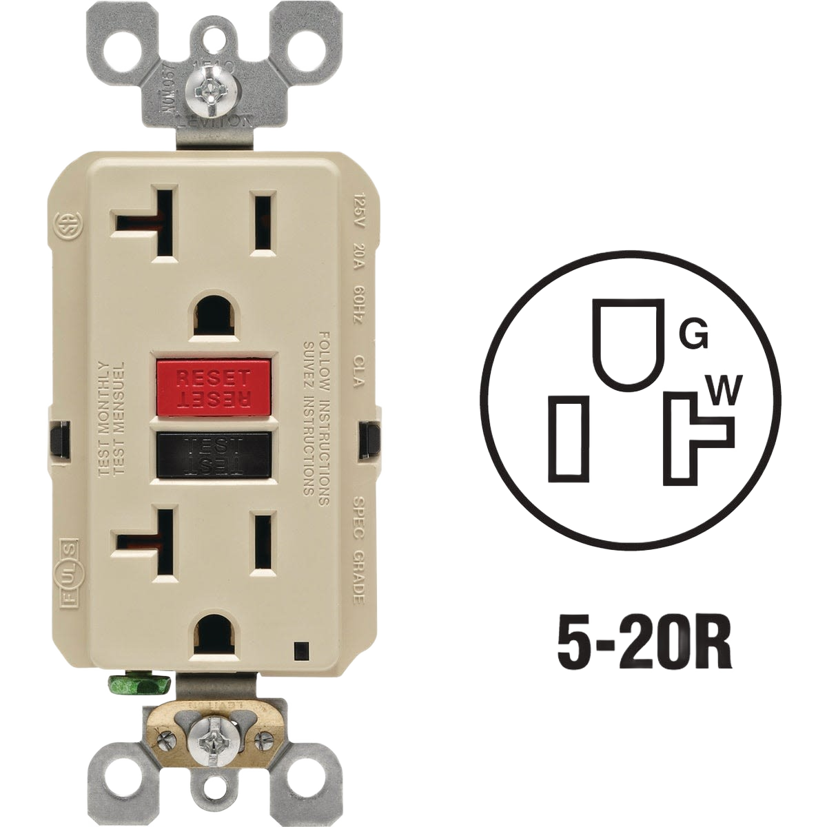 Ivory commercial grade GFCI outlet with reset and test buttons for electrical safety in home improvement projects