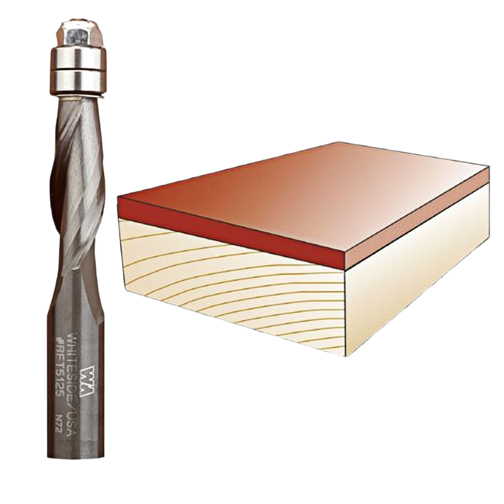 Spiral downcut router bit designed for smooth flush trimming in woodworking and home improvement projects