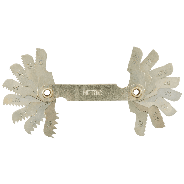 Foldable metric thread pitch gauge with labeled metal leaves for precise measurement in tool accessories and home improvement.