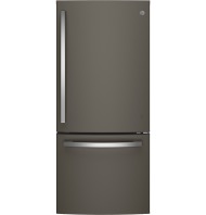 Matte dark stainless steel bottom-freezer refrigerator with curved handles in kitchen appliances collection