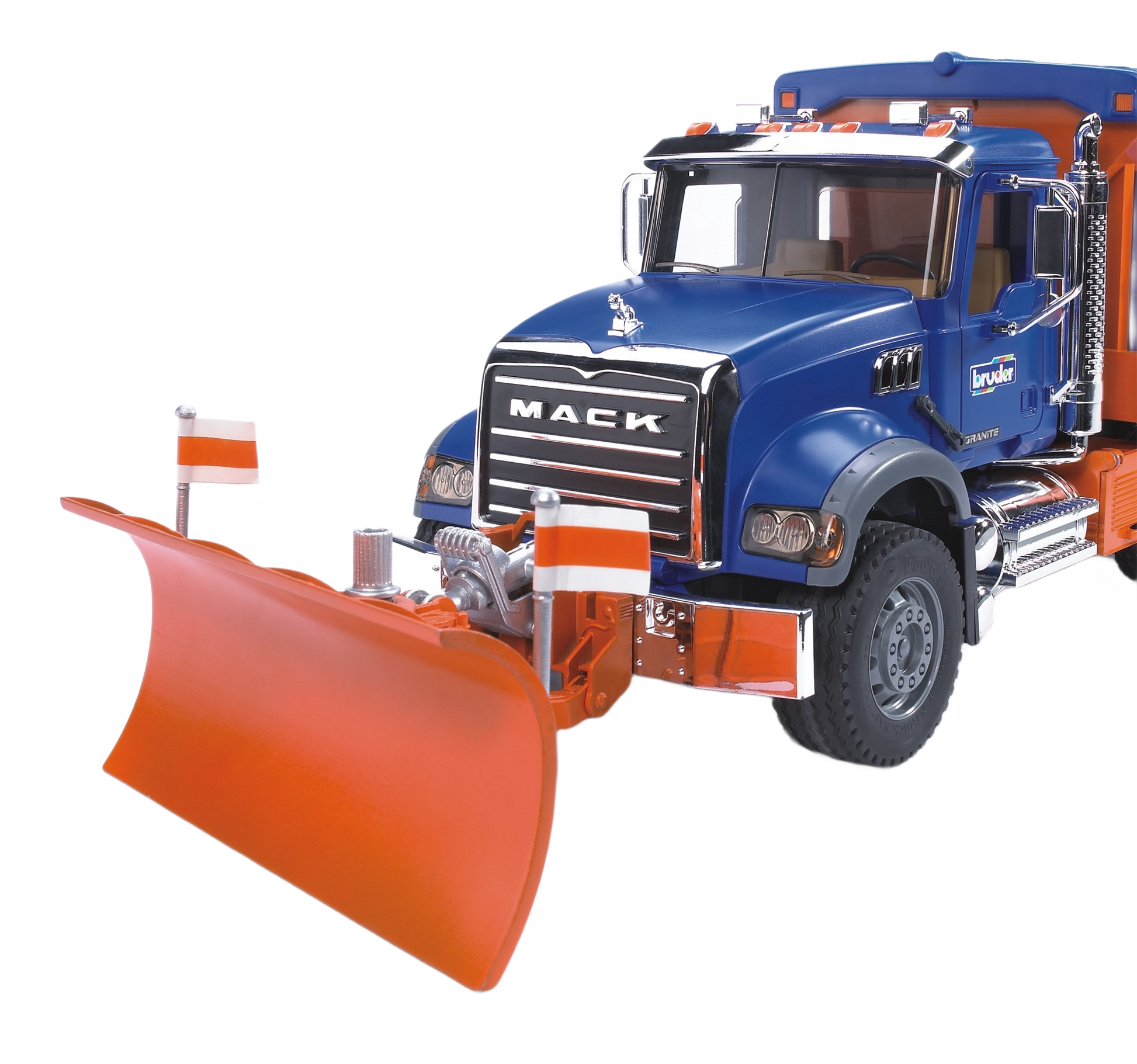Blue Mack toy truck with orange plow blade attachment for winter play in Vehicles & Remote Controlled Toys and Bruder Toys collections