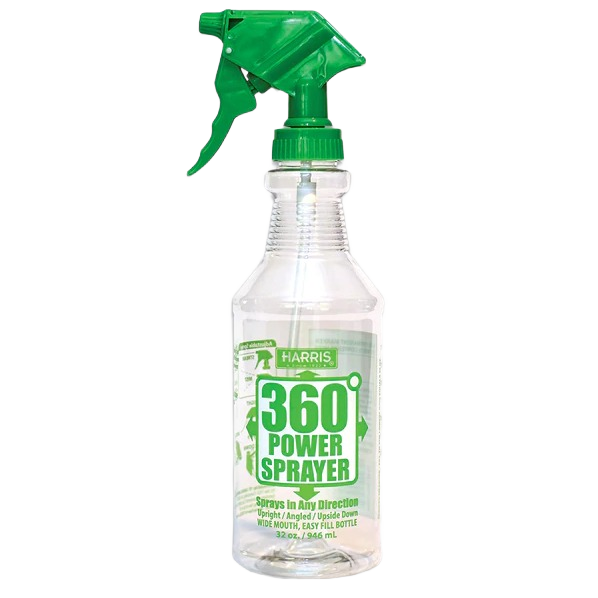 Clear plastic spray bottle with green trigger nozzle labeled 360 power sprayer for home and garden use