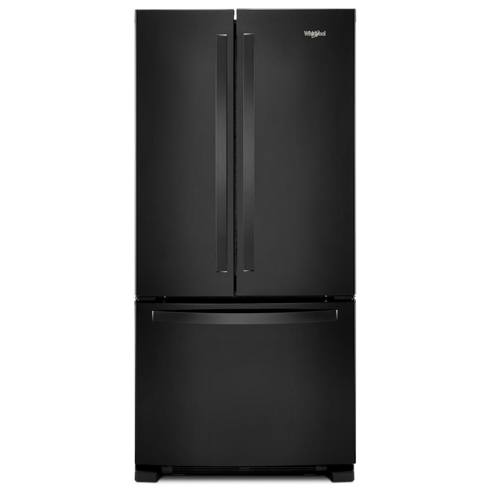 Front view of a black French door refrigerator with bottom freezer drawer in kitchen appliances collection