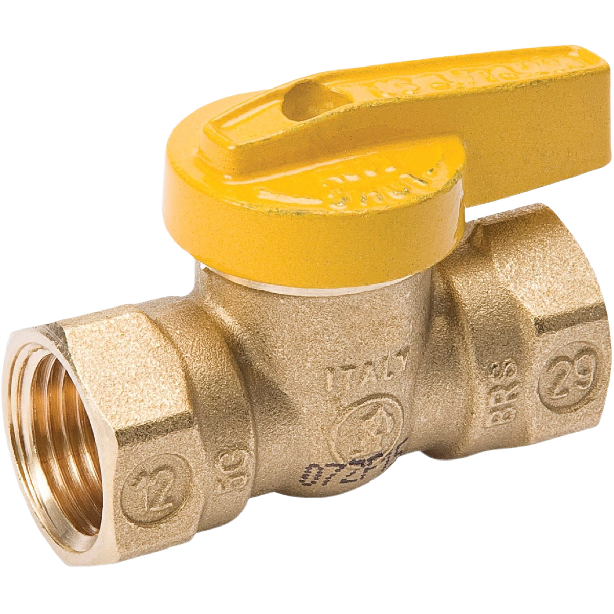 Brass gas ball valve with yellow lever handle and female threaded ends for tools and home improvement tasks