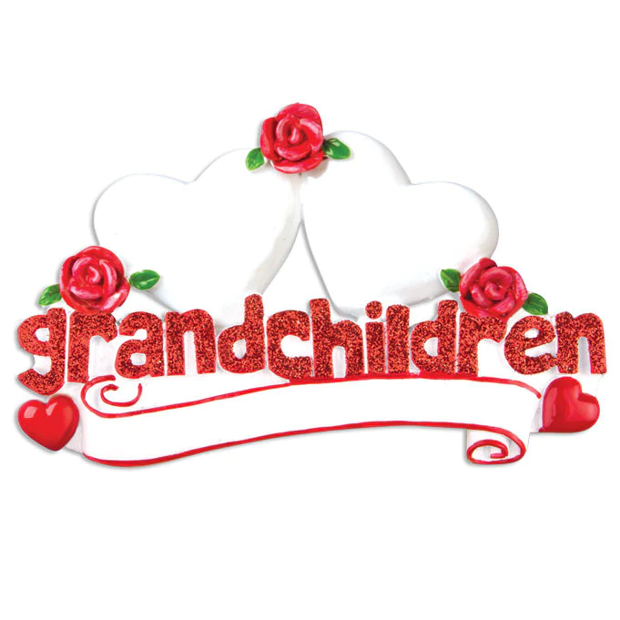 Red glitter "grandchildren" ornament with two white hearts and red roses, festive Christmas tree decoration under 50 dollars