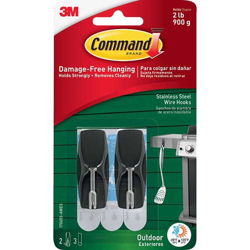 Two stainless steel wire hooks with black adhesive mounts for outdoor home improvement and fastener use