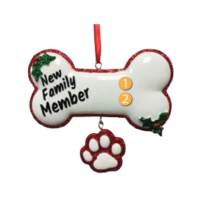 Personalized dog bone Christmas ornament with paw charm and festive holly accents for new pet family celebrations