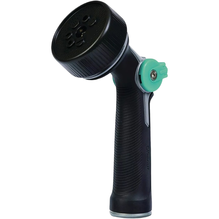 Black and green metal thumb control nozzle with seven spray patterns for watering and irrigation in lawn and garden tools collection