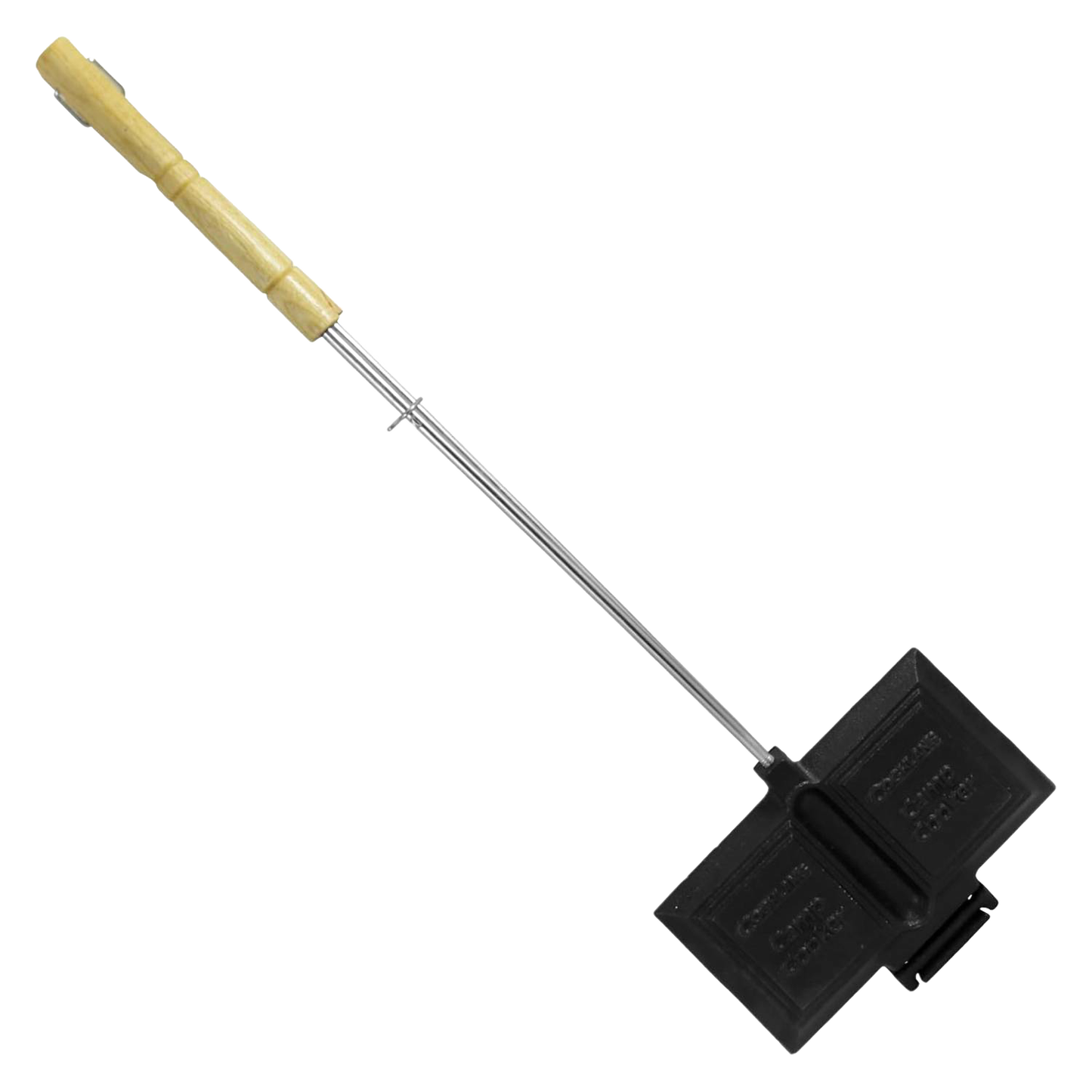 Double cast iron sandwich cooker with wooden handle, ideal for outdoor cooking and grilling accessories.
