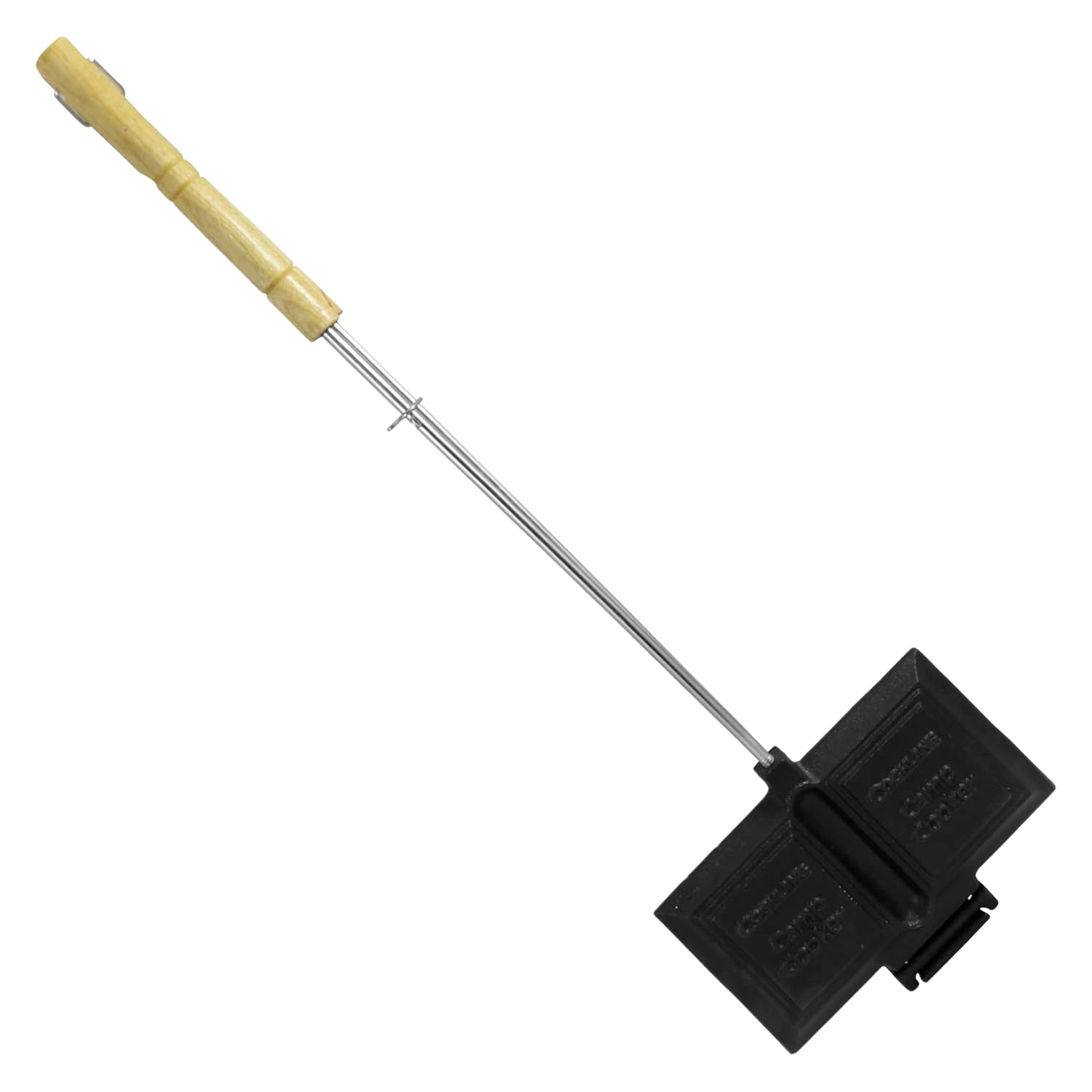 Double cast iron sandwich cooker with wooden handle, ideal for outdoor cooking and grilling accessories.