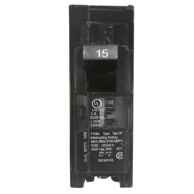 Black single-pole circuit breaker with 15 amp rating and plug-in design for home improvement use