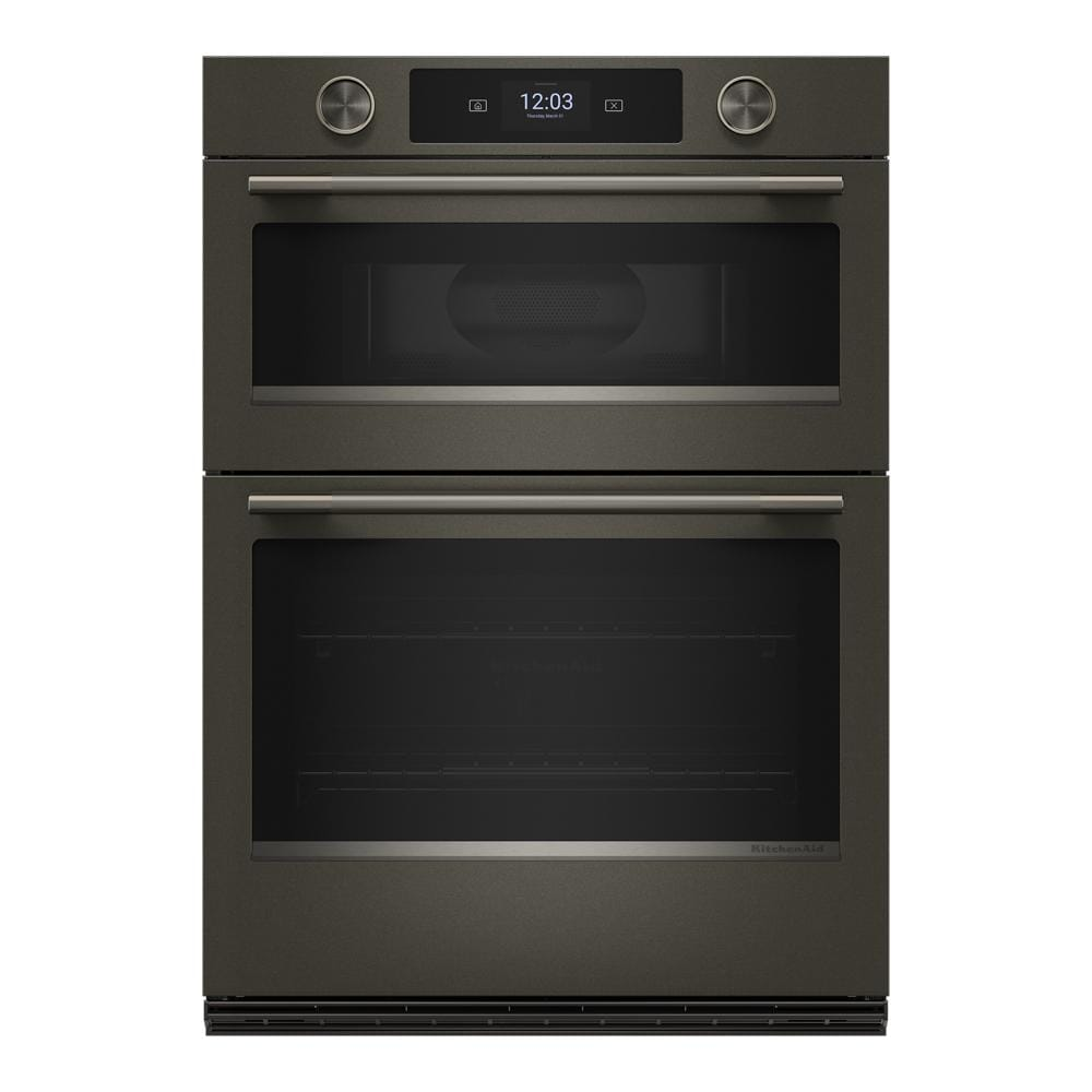Front view of a 30-inch smart electric combo wall oven in Black Ore with dual compartments, control knobs, and digital display, part of KitchenAid appliances and home improvement collections.