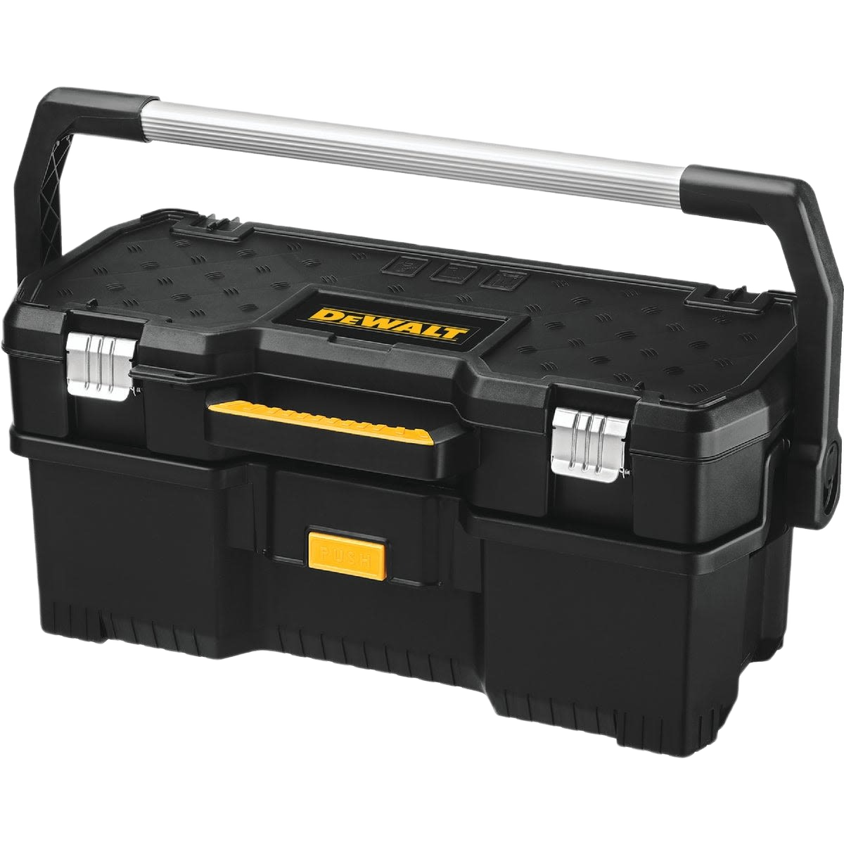 Black and yellow Dewalt 24-inch tote with sturdy handle for tool storage and workshop organization projects