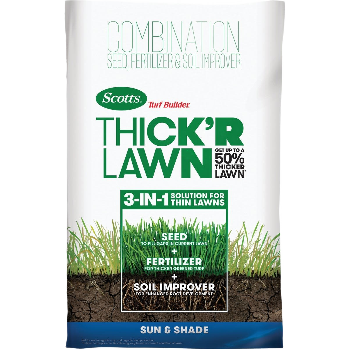 Bag of Scotts Turf Builder Thick'R Lawn 3-in-1 grass seed, fertilizer, and soil improver for lawn care projects