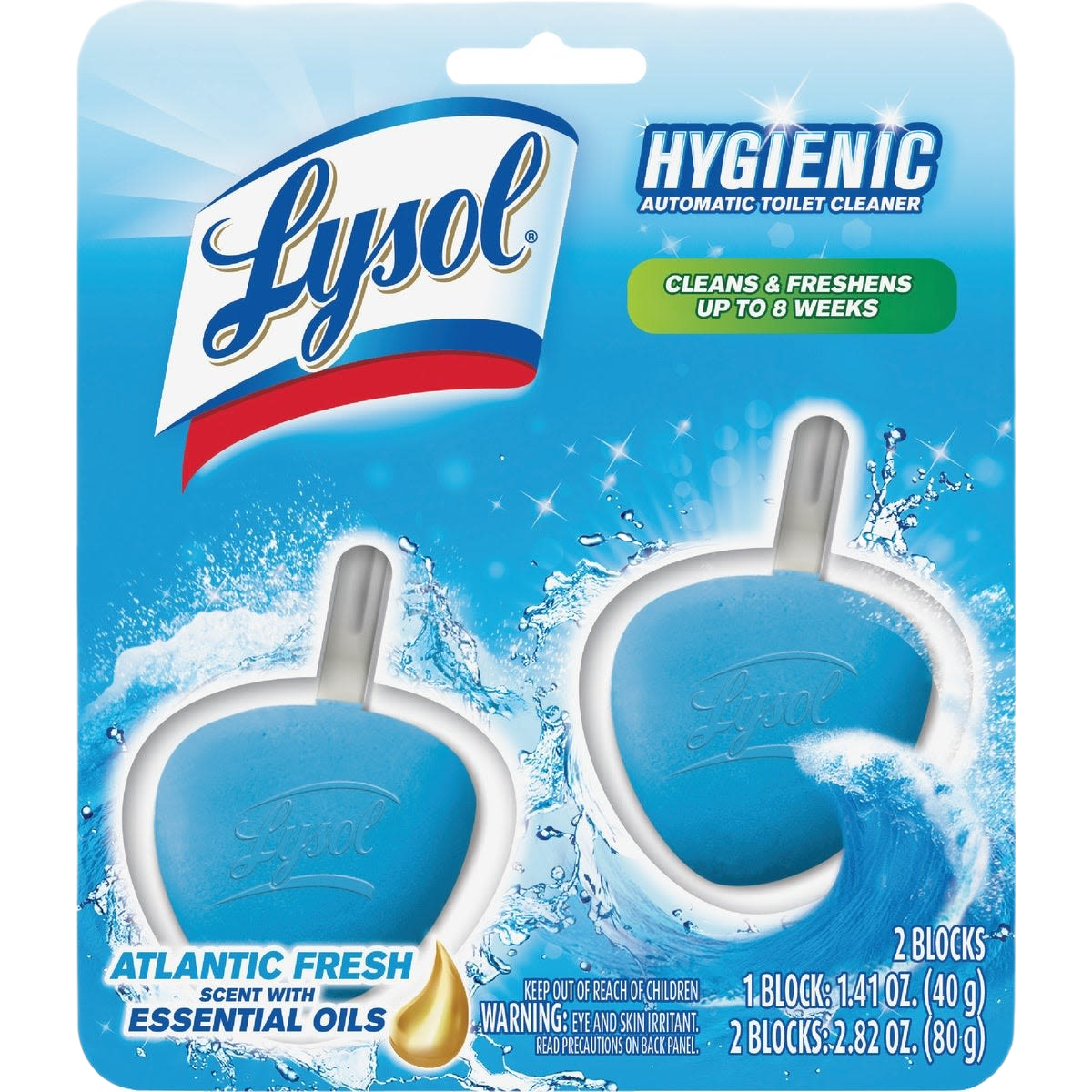 Blue Lysol automatic toilet cleaner tabs in plastic hang-up hooks for bathroom cleaning supplies under $50 collection