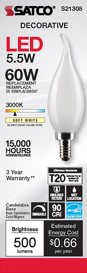 Satco decorative frosted LED bulb with candelabra base, soft white 3000K light, dimmable, 500 lumens for home lighting