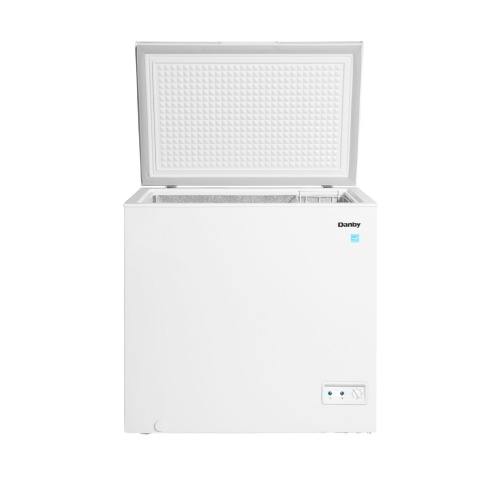 White Danby chest freezer with hinged lid open, one basket, and up front temperature control from Freezers & Ice Makers collection