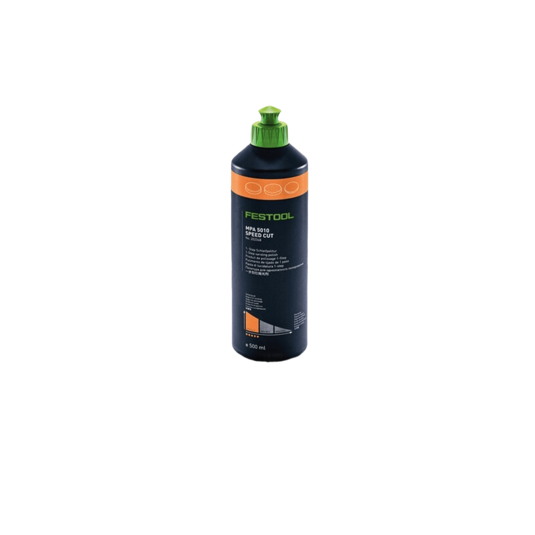 Bottle of Festool polishing compound with green cap for woodworking finishing and polishing tools at Hartville Hardware