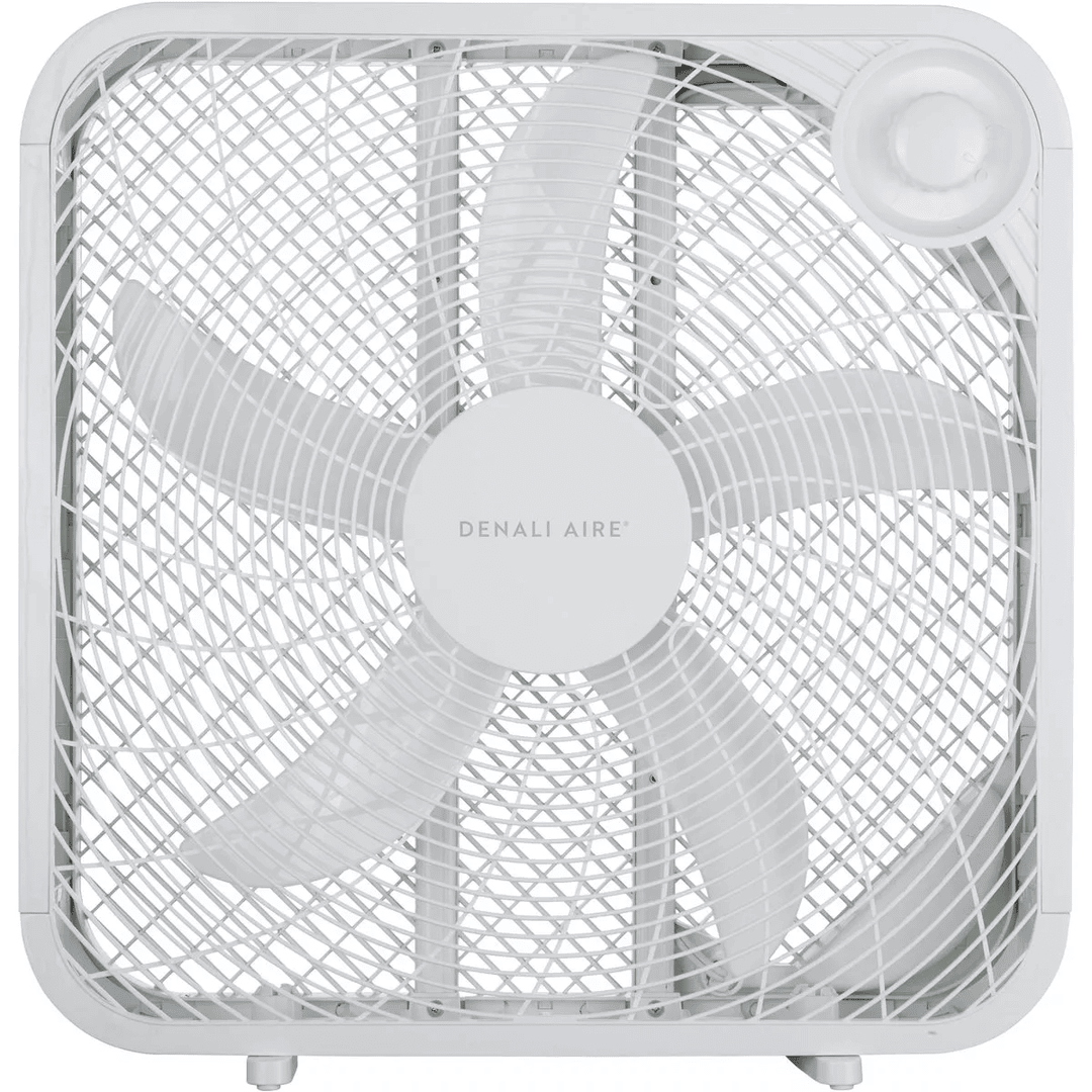 White 20-inch box fan with protective grille and control knob, part of portable fans and air conditioners collection under $50