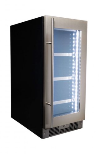 Built-in beverage center with stainless steel frame, glass door, LED interior lighting, and adjustable shelves in Appliances collection