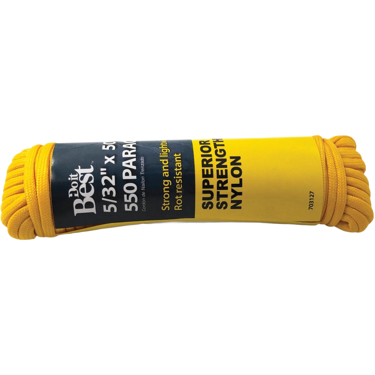 Yellow nylon paracord bundle with label highlighting superior strength and rot-resistant properties for home improvement uses