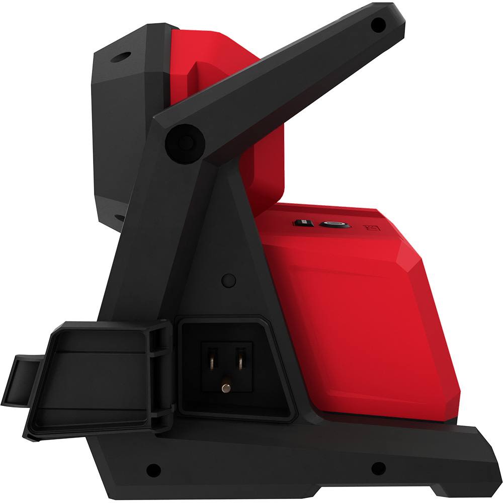 Red and black dual power work light with adjustable handle for home improvement and Milwaukee utility lighting tools
