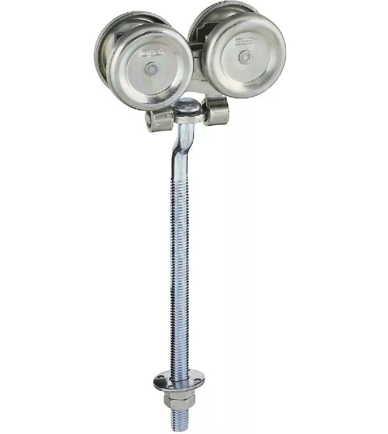 Zinc-plated offset bolt with dual round rollers for barn door hanging in hardware and under $100 collections