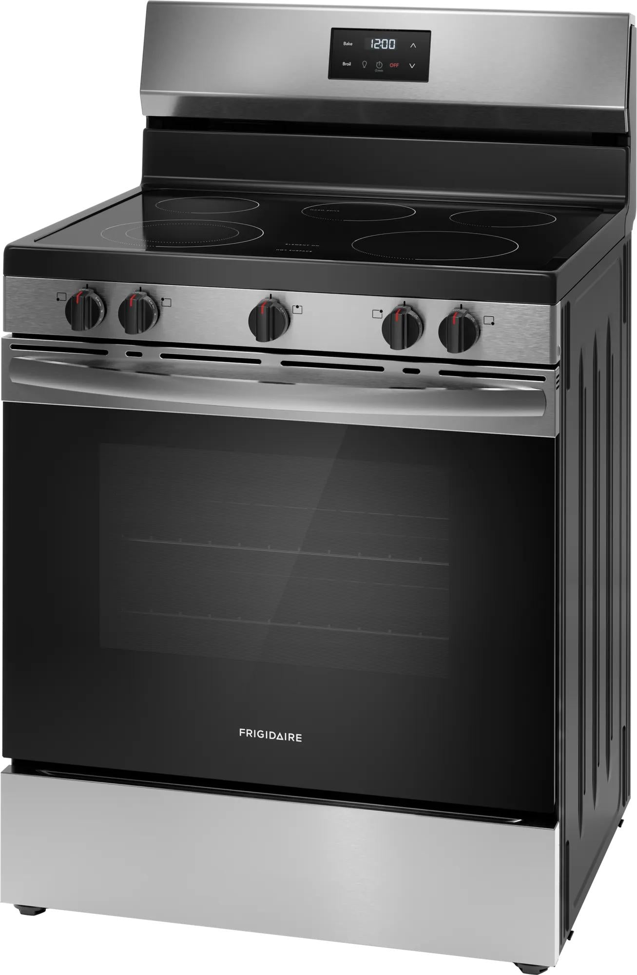 Freestanding electric range with smooth cooktop, five burners, digital display, and stainless steel finish from kitchen appliances.