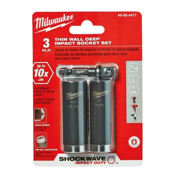 3-piece Milwaukee impact duty 3/8" drive deep sockets with extension, ideal for hand tools and woodworking collections