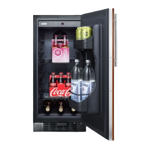 Compact built-in all refrigerator with left hinge, brushed steel handle, front ventilation, and jet black finish interior