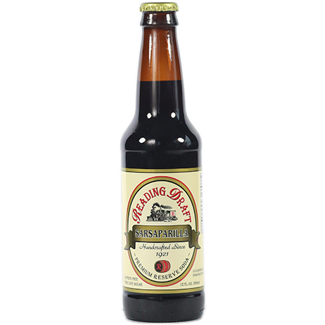 Glass bottle of Reading Draft sarsaparilla soda with vintage-inspired label for classic beverage enjoyment