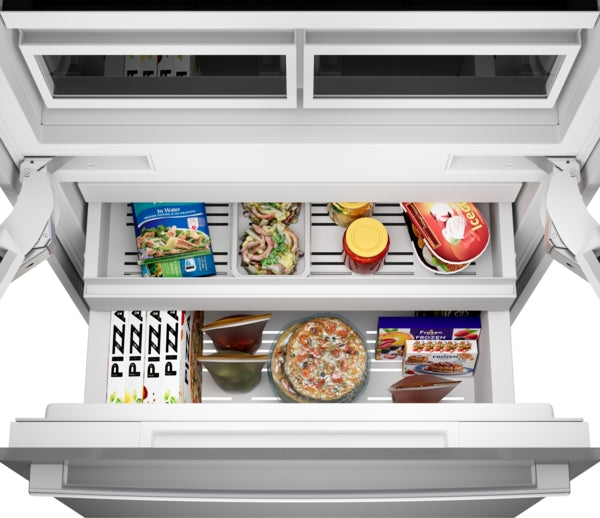 Open built-in bottom freezer refrigerator drawer showing organized frozen meals and pizza boxes in kitchen appliance collection