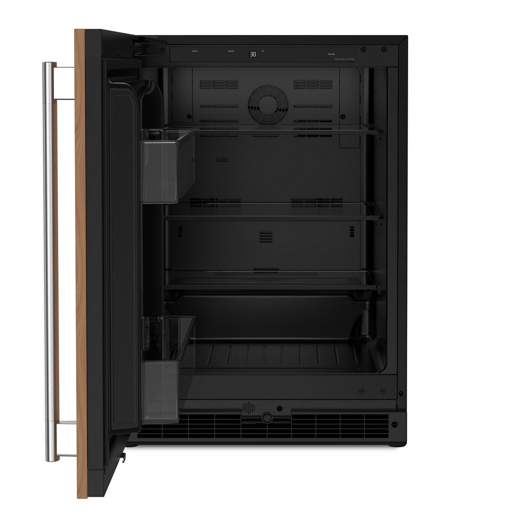 undercounter refrigerator with panel-ready wood front and stainless steel handle for kitchen appliances