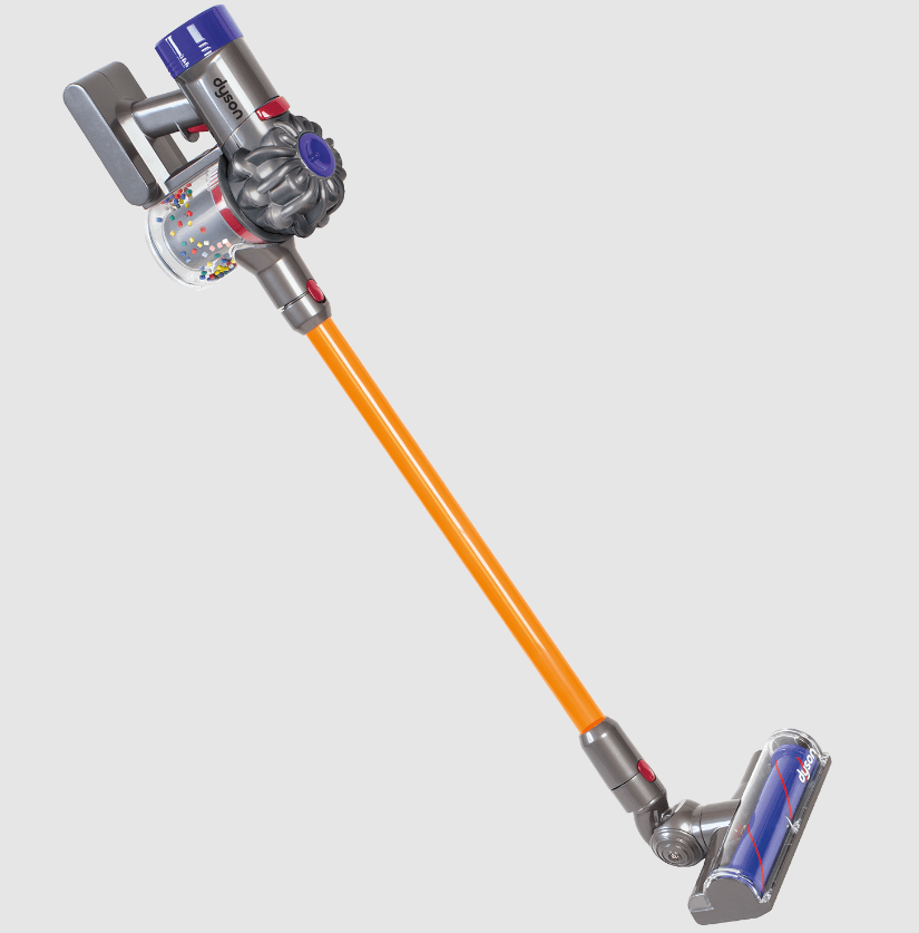 Child's cordless vacuum toy with a colorful clear dustbin and orange extension tube for pretend cleaning play
