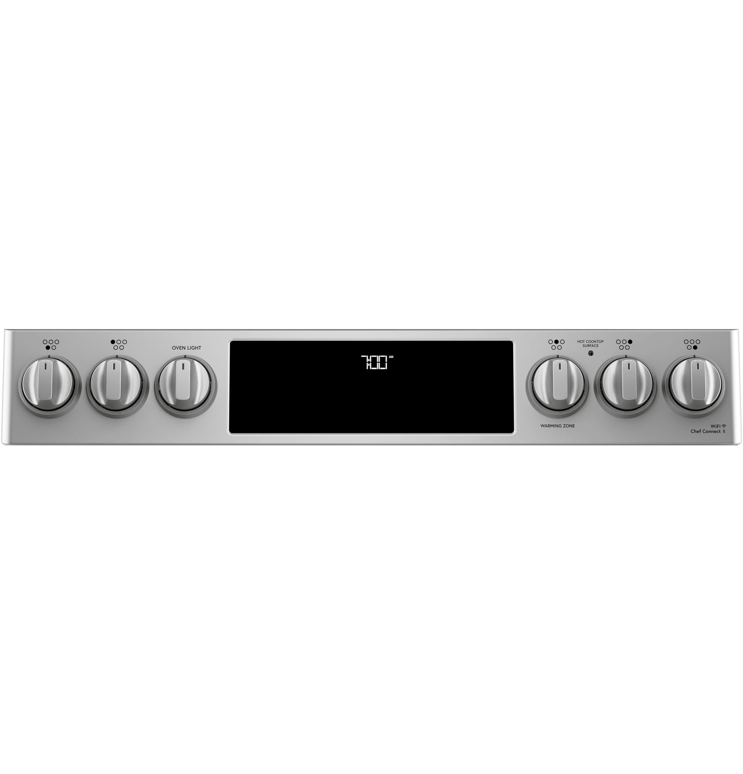 Front-control panel of stainless steel slide-in range with digital display and six control knobs from kitchen appliances collection