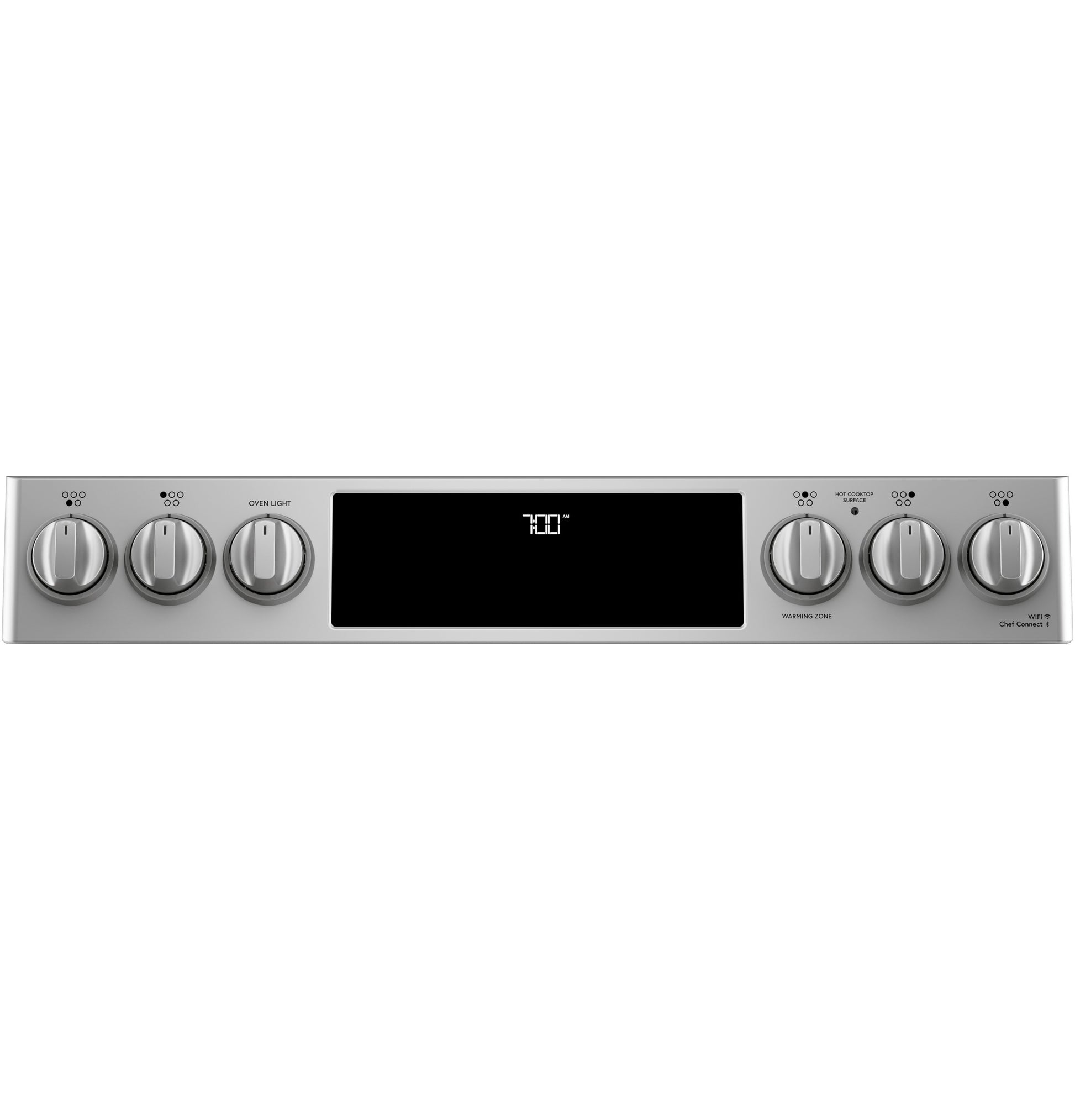 Front-control panel of stainless steel slide-in range with digital display and six control knobs from kitchen appliances collection