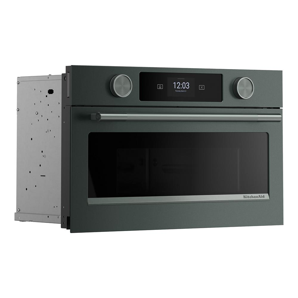 Built-in KitchenAid convection microwave oven with air fry, dark finish, digital display, and stainless steel handle