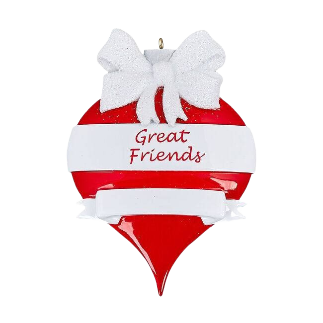 Red teardrop-shaped personalized ornament with white glitter bow and "Great Friends" text for Christmas tree decor under $50 collection