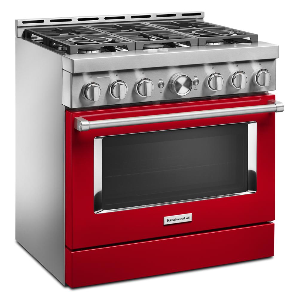 red and stainless steel smart commercial-style gas range with six burners and large oven window in kitchen appliances collection