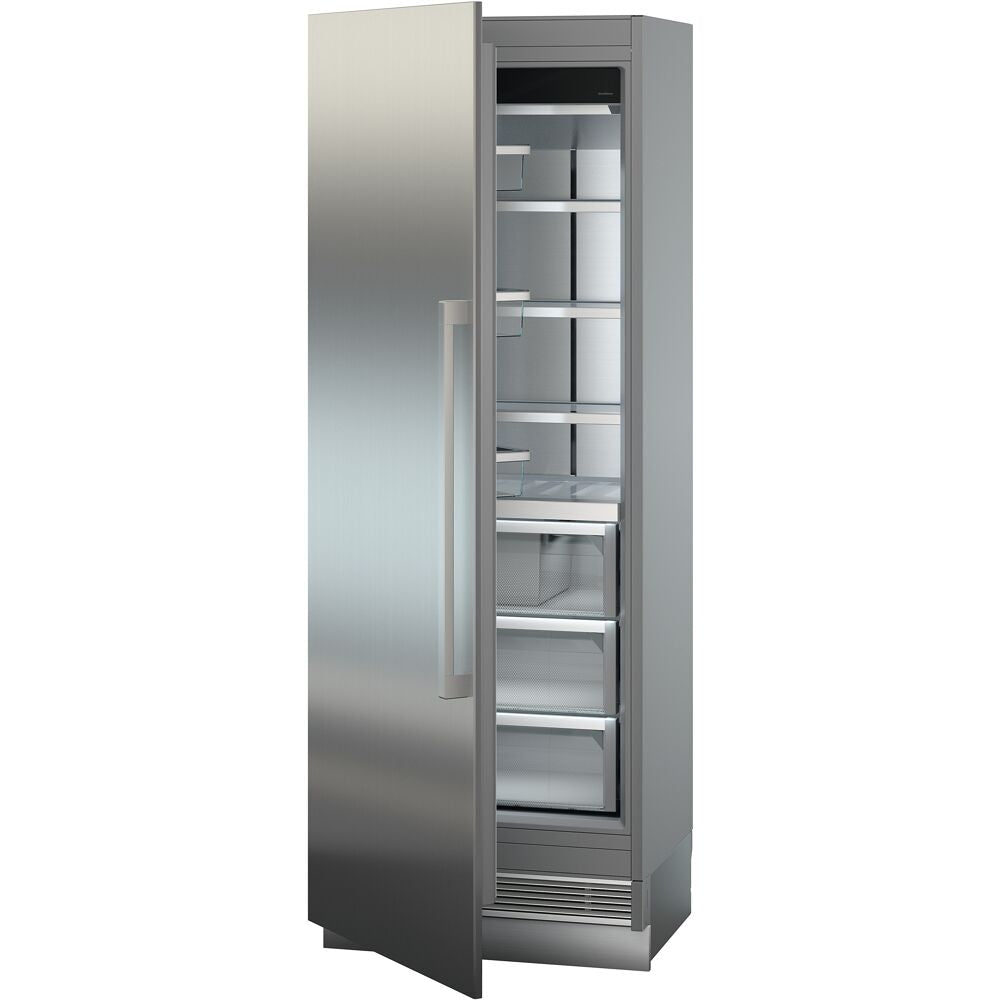 Tall stainless steel built-in freezer column with left hinge and multiple clear shelves from kitchen appliances collection