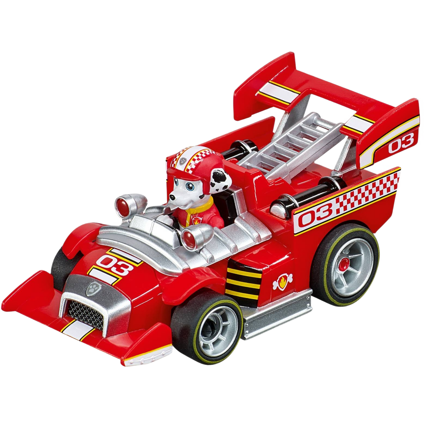 Red and silver 1:43 scale slot car featuring fire pup character Marshall from PAW Patrol in Carrera Toys collection under $50