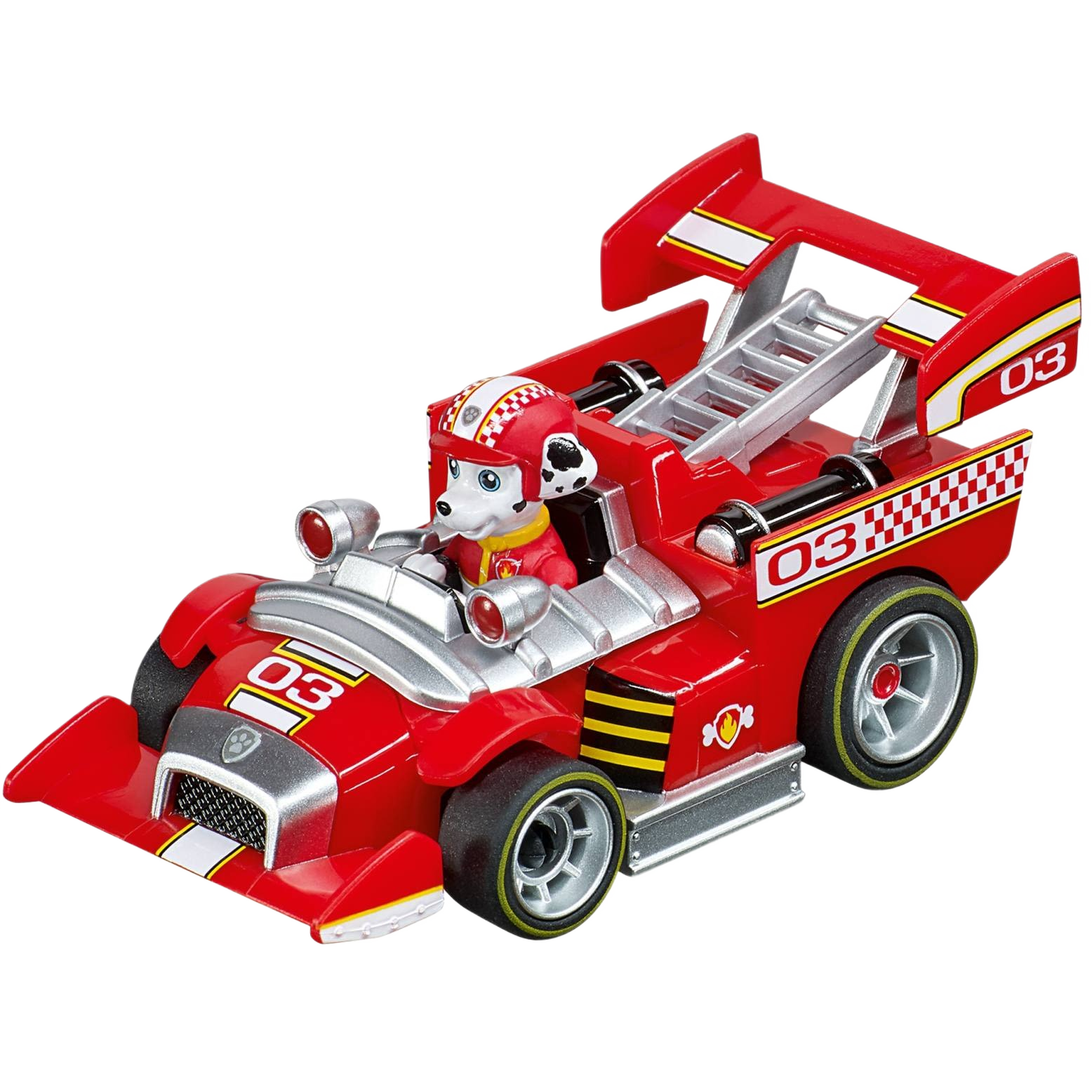 Red and silver 1:43 scale slot car featuring fire pup character Marshall from PAW Patrol in Carrera Toys collection under $50
