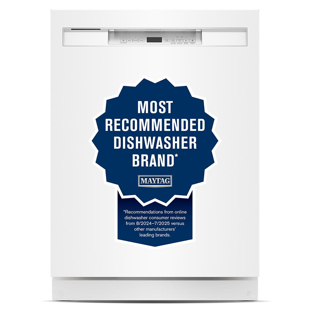 White front control dishwasher with most recommended brand badge in kitchen appliances and home improvement collection