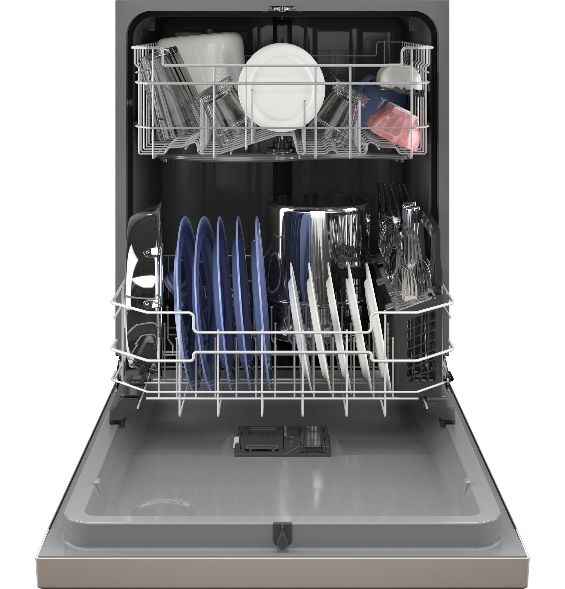 Open front control dishwasher loaded with plates, glassware, and utensils in kitchen appliances and dishwashers collection