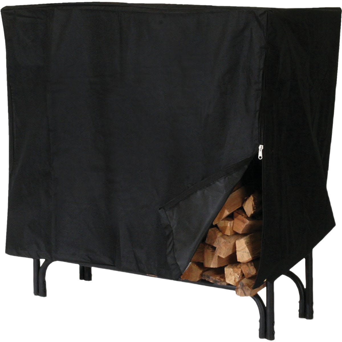 Heavy-duty black vinyl cover protecting stacked firewood on metal log rack for outdoor use and home improvement collections