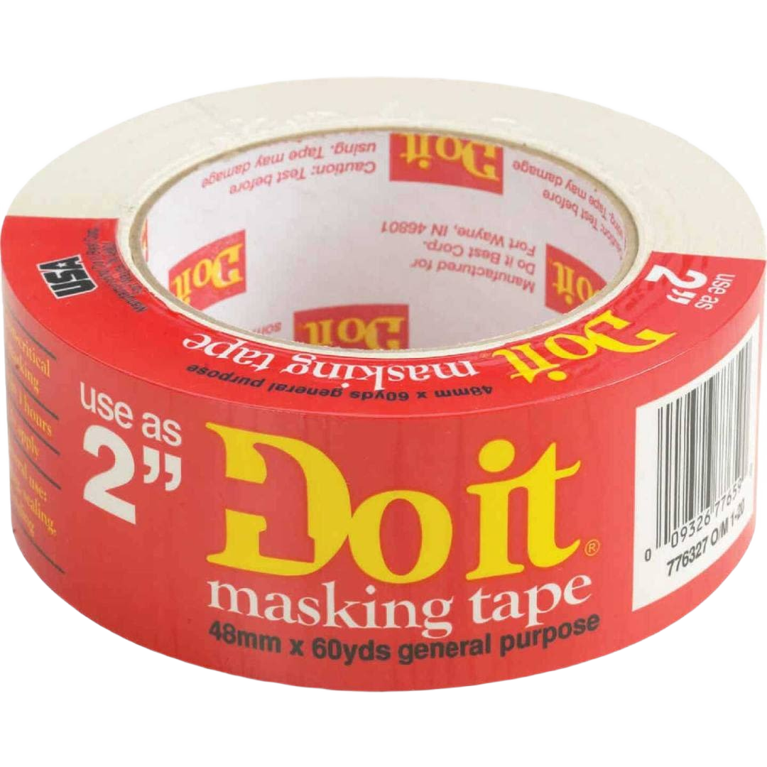 General purpose beige masking tape roll with red and yellow labeling for home improvement and paint supplies under $50