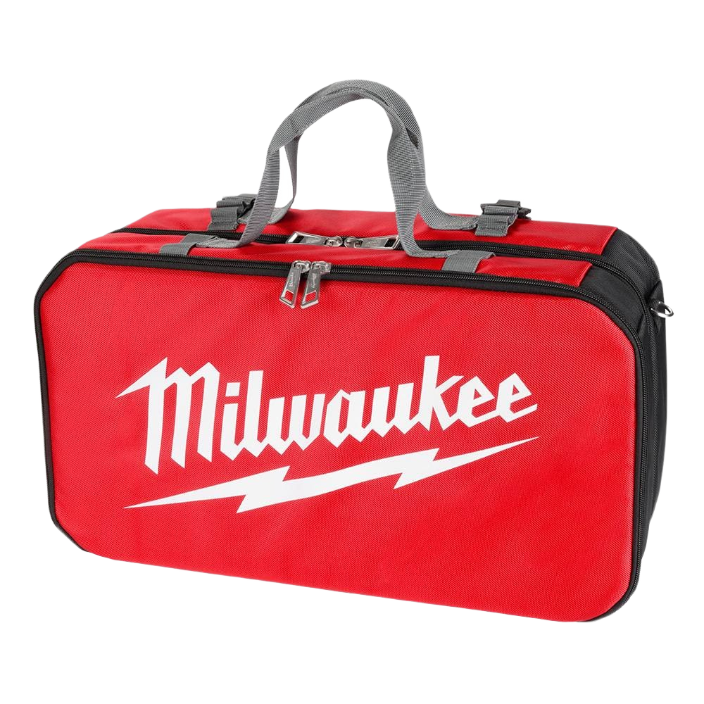 Red tool storage bag with durable construction and all-metal hardware for woodworking and home improvement use