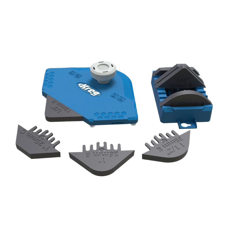 Blue plastic corner routing guide with interchangeable chamfer and radius profile inserts for woodworking tool accessories