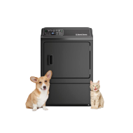 Front load electric dryer in black with digital control panel, shown with a dog and cat, in dryers and appliances collection
