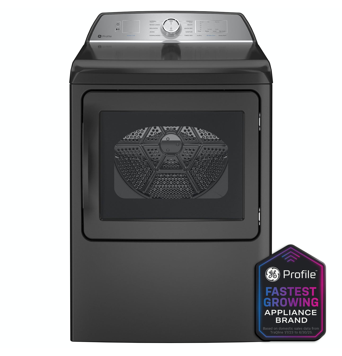 Black electric dryer with aluminized alloy drum visible through glass door and control knob panel from Dryers collection